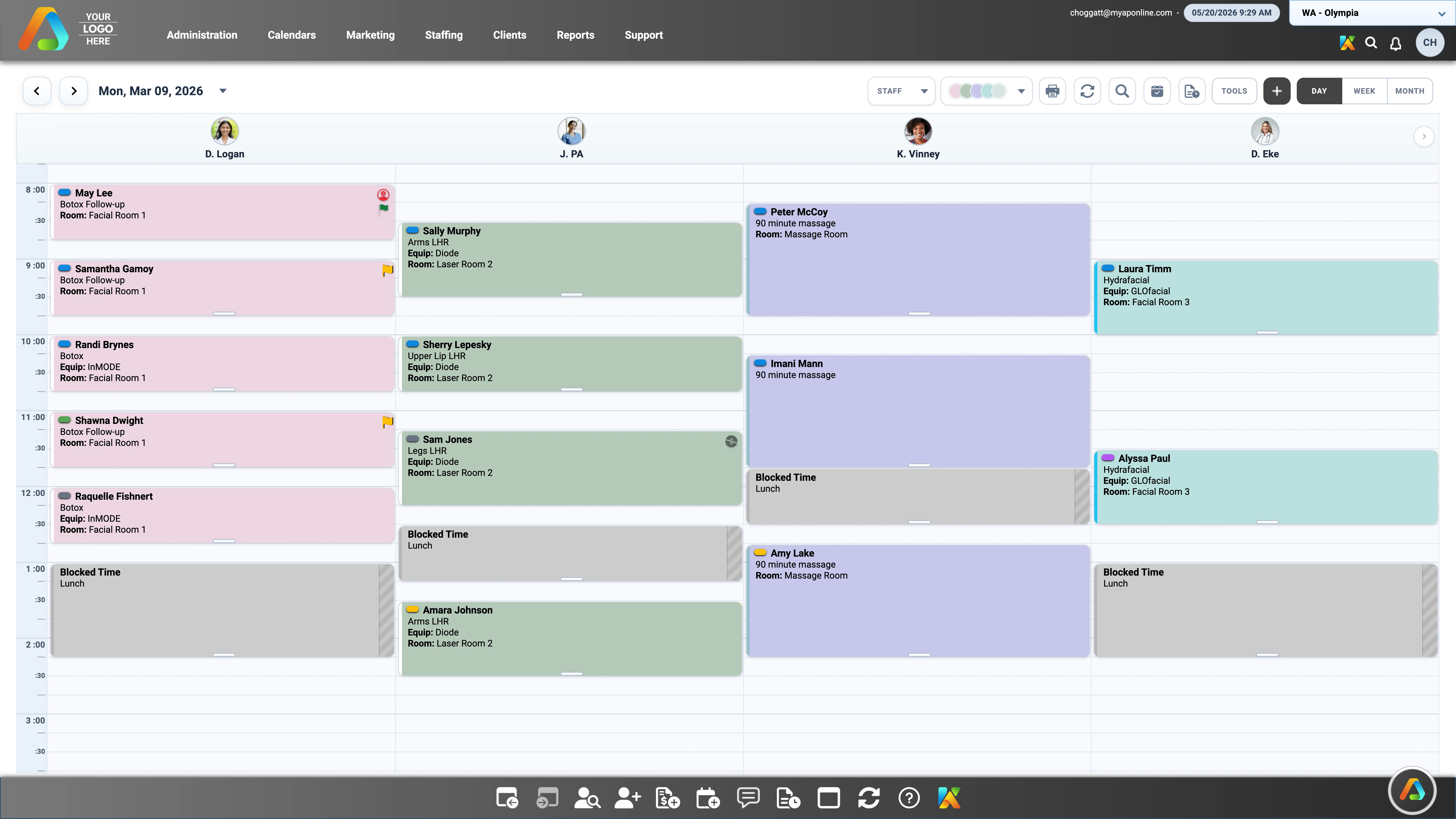 Daily appointment and staff scheduling displayed inside aesthetics software