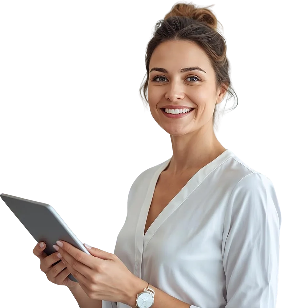 Aesthetics professional with tablet alongside aesthetics software FAQ section