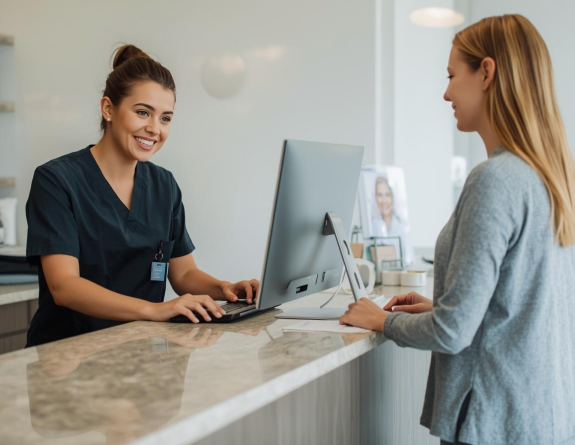 A medical spa professional using medical spa management software to book a walk-in client.