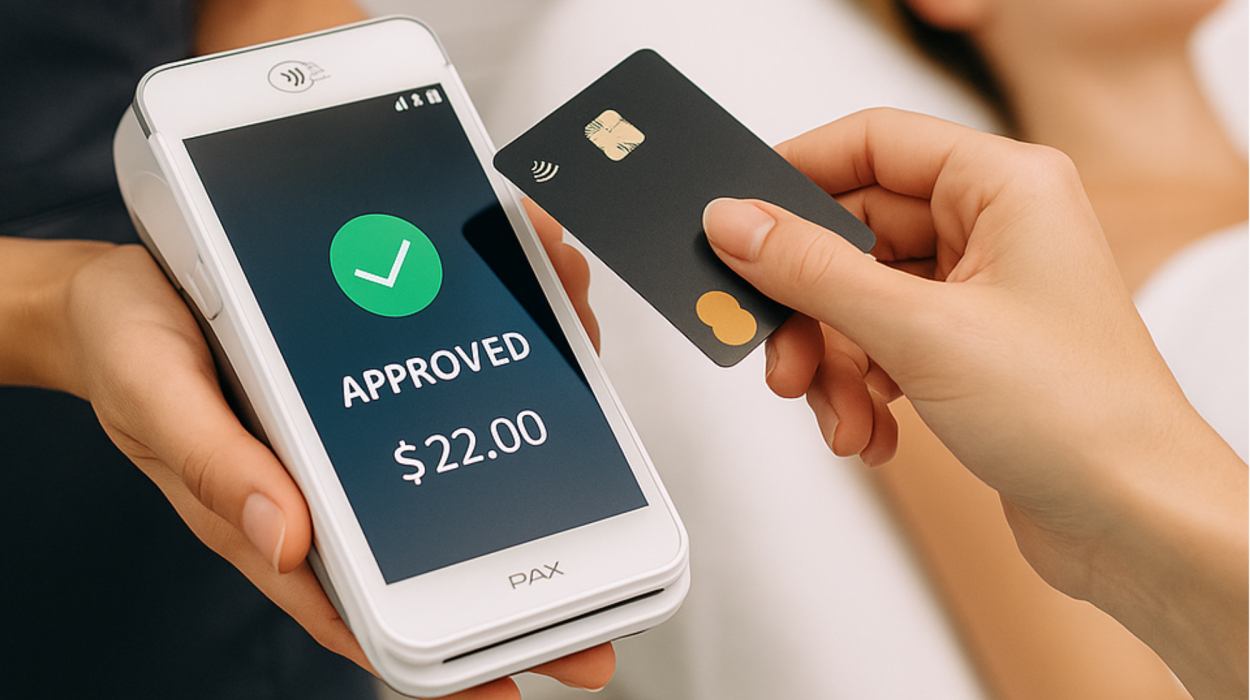 Medical spa guest paying with a credit card through built-in payment tools in aesthetic clinic software.