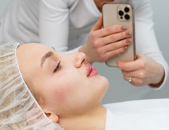 Medspa employee taking a photo of a client's face.