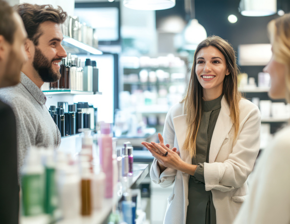 Manager discussing product inventory with other medical spa managers.