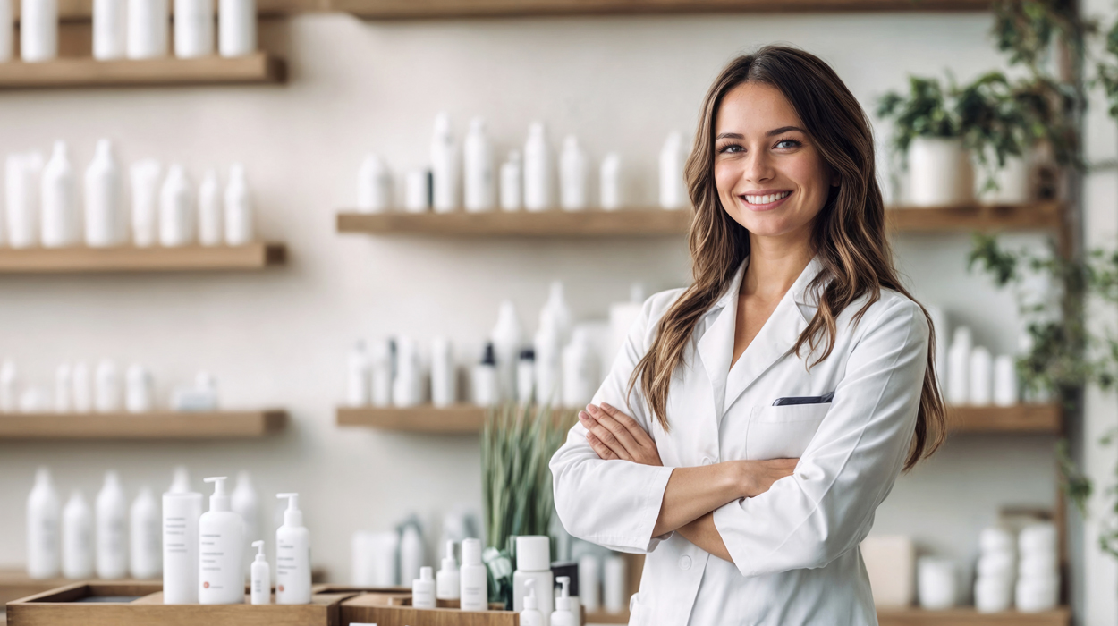 Medspa employee standing with retail products.