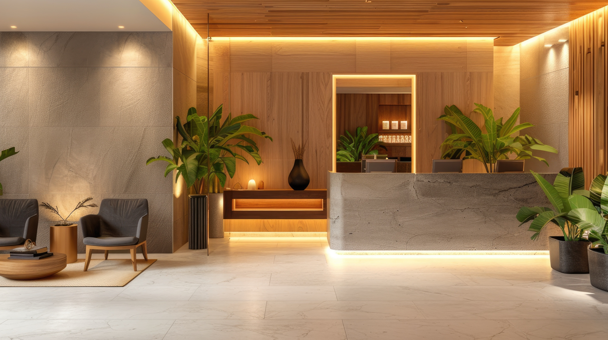 Tranquil medical spa reception and waiting area with warm lighting and modern furniture and plants