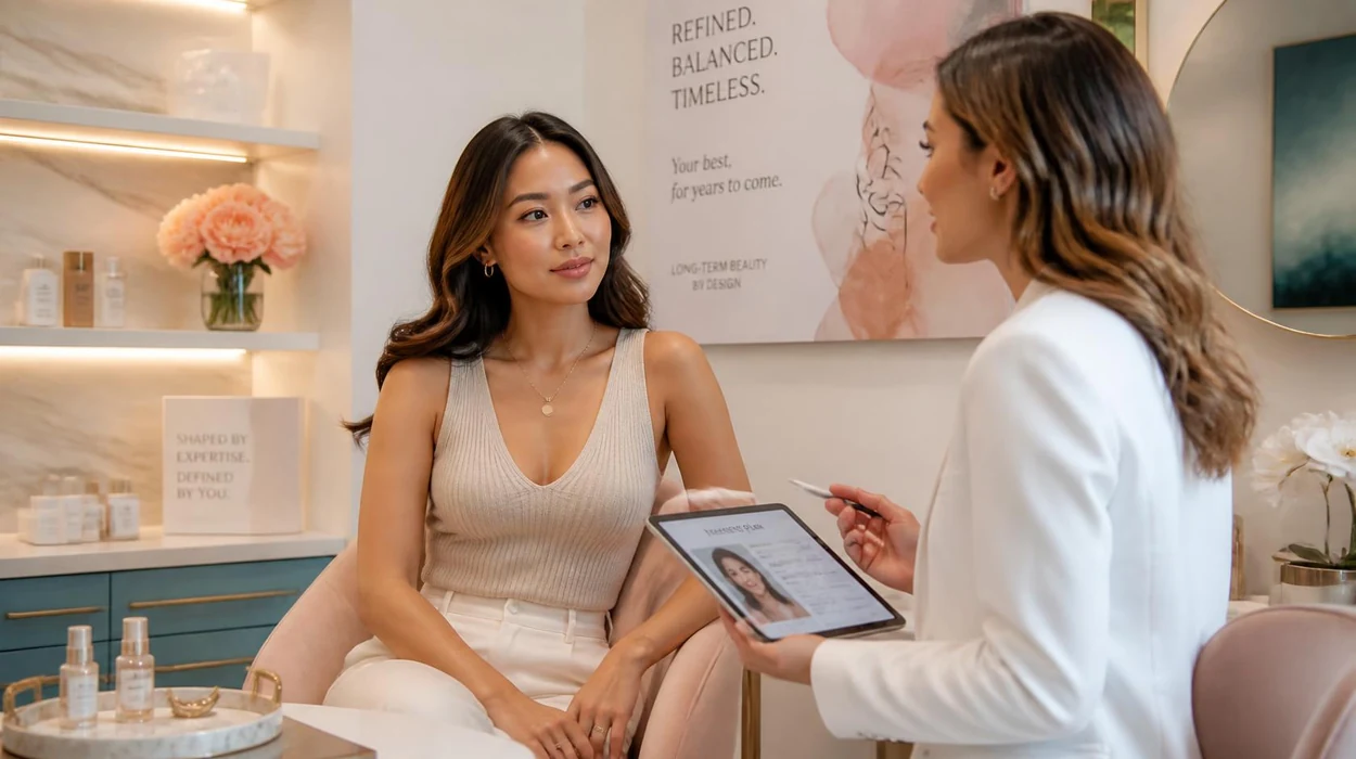 Aesthetic client reviewing a long-term treatment plan with a provider using medical spa management software during a consultation.