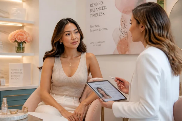 Aesthetic client reviewing a long-term treatment plan with a provider using medical spa management software during a consultation.