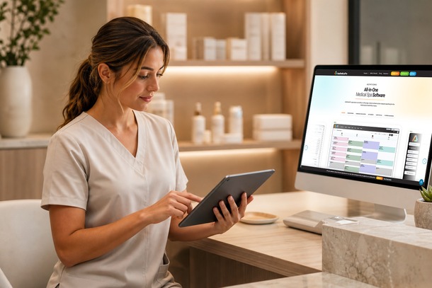 Medical spa professional using connected medical spa software systems on a tablet and desktop computer.