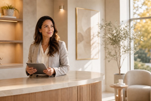 Aesthetic practice owner using spa management software on a tablet at a modern medical spa reception desk.