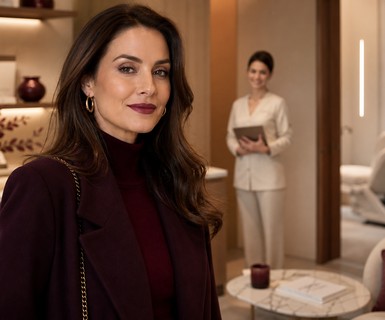 Woman in a modern medical spa reflecting fall beauty trends, with a provider holding a tablet in the background.