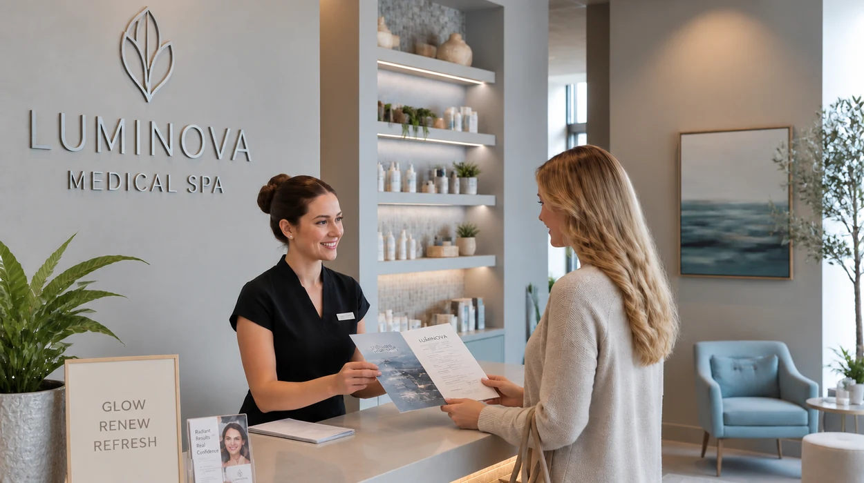 Medical spa receptionist discussing medical spa loyalty program with a client at a medical spa front desk.
