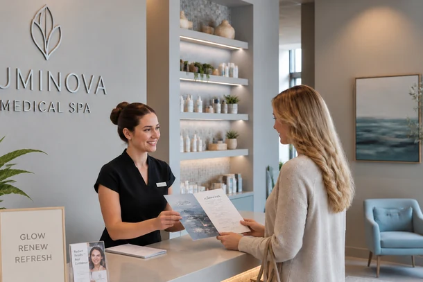 Medical spa receptionist discussing medical spa loyalty program with a client at a medical spa front desk.