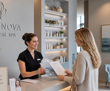 Medical spa receptionist discussing medical spa loyalty program with a client at a medical spa front desk.