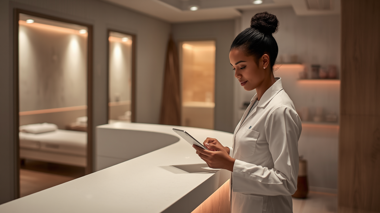 Medical spa staff member reviewing online appointment bookings on a tablet at a modern reception desk.