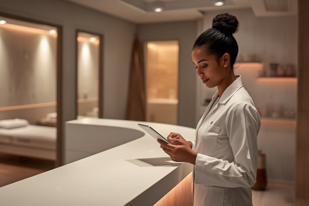 Medical spa staff member reviewing online appointment bookings on a tablet at a modern reception desk.