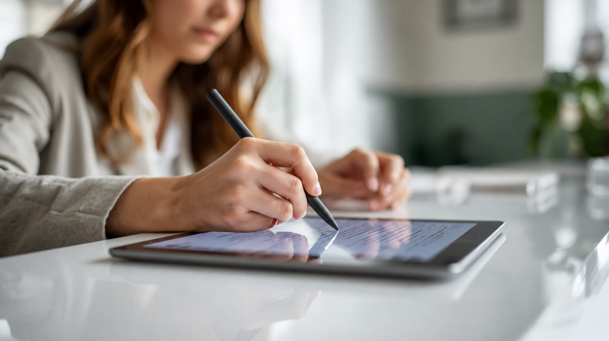 Med spa client signing a digital consent form on a tablet, part of the smooth intake process clients notice before booking