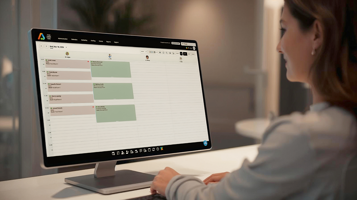 Med spa coordinator reviewing provider schedules in AestheticsPro medical spa booking software