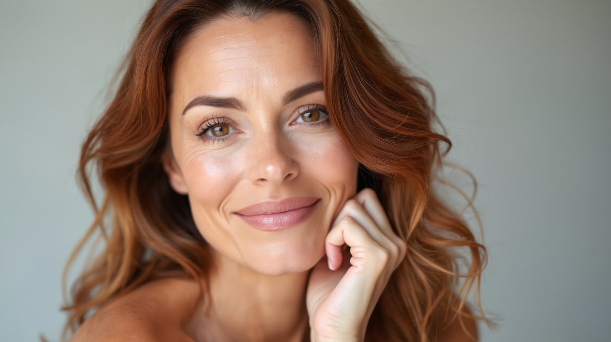 Woman in perimenopause embracing her beauty, thanks to preventative care received at her medspa booked through spa management software.