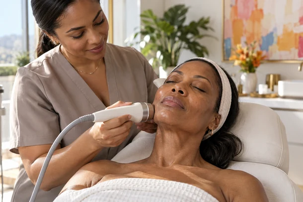 Client receiving a non-invasive skin-tightening treatment for post-GLP-1 jawline and neck laxity at a med spa using aesthetic EMR software.