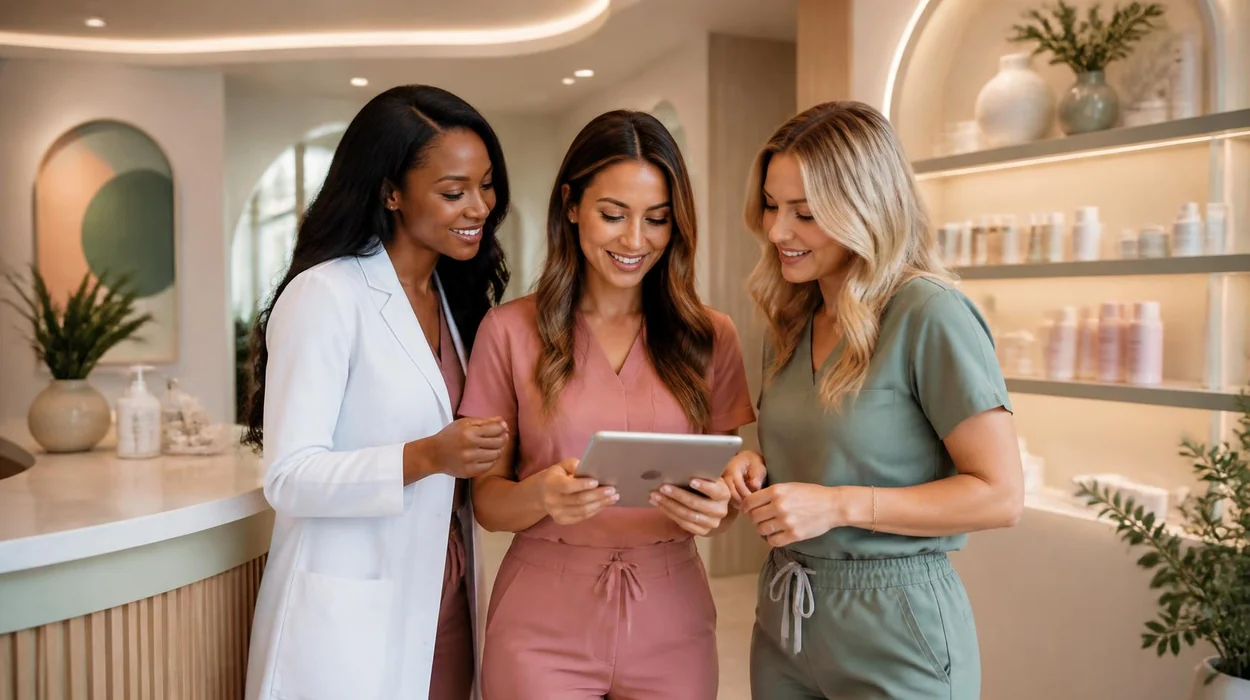 Medical spa team reviewing medi spa software together on a tablet in a bright, modern aesthetic practice.
