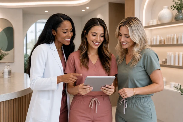 Medical spa team reviewing medi spa software together on a tablet in a bright, modern aesthetic practice.