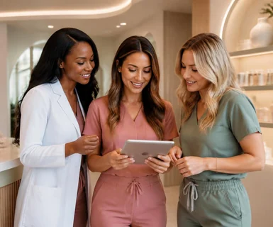 Medical spa team reviewing medi spa software together on a tablet in a bright, modern aesthetic practice.