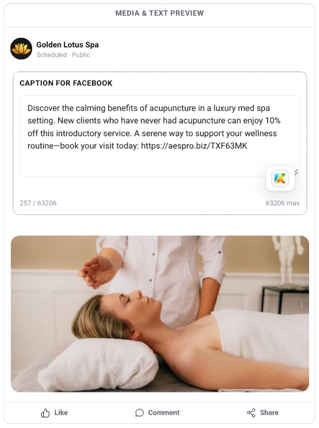 AestheticsPro medical spa software Content Creator showing a generated Facebook caption and treatment image.