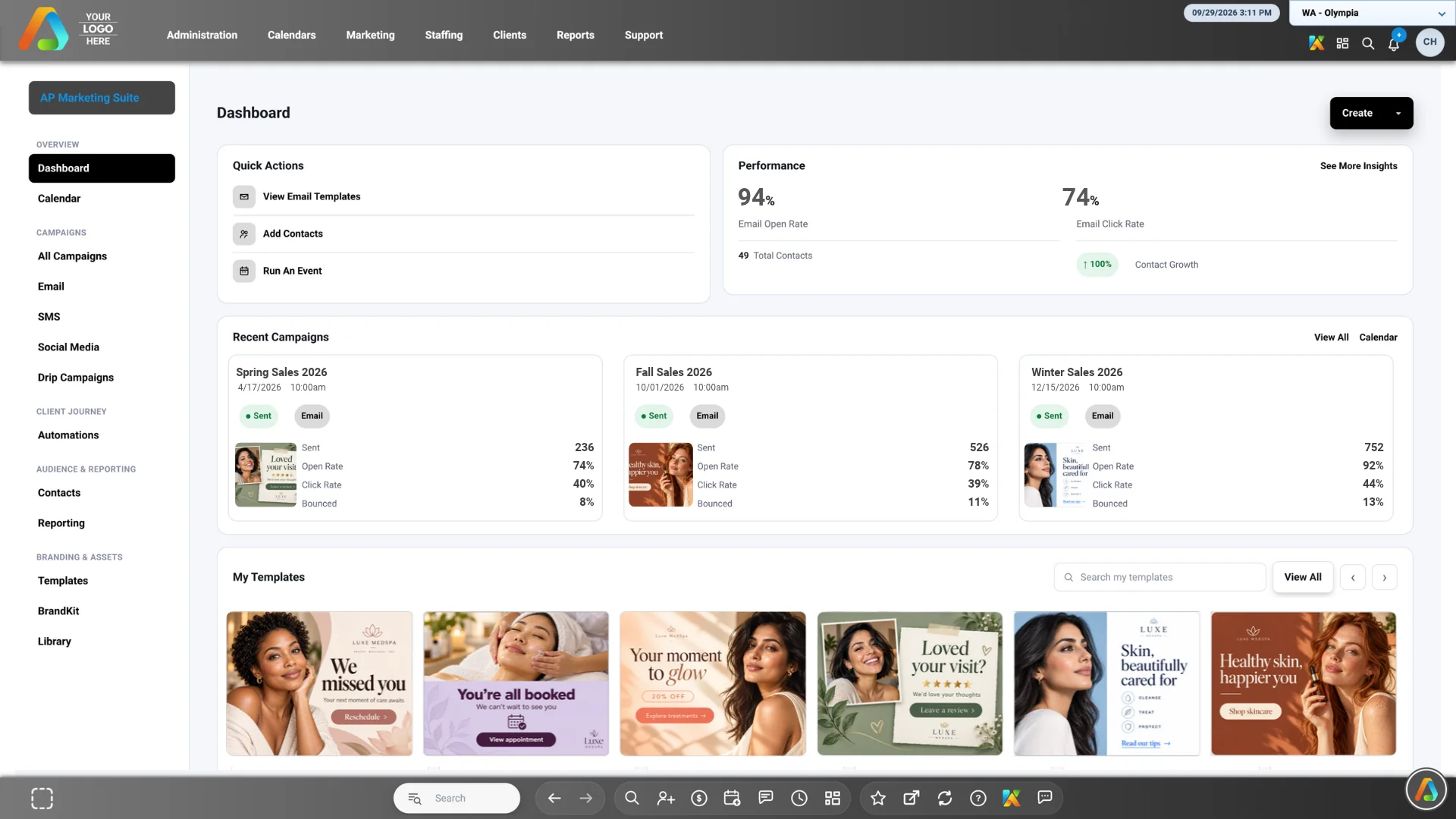 AP Marketing Suite dashboard showing campaigns, email performance, and templates in AestheticsPro medical spa software