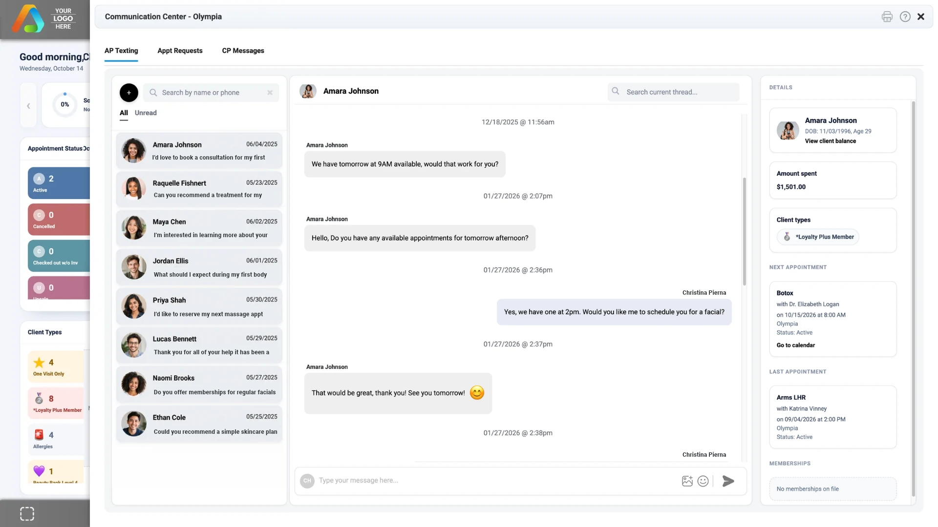 Two-way client messaging in AestheticsPro medical spa software communication center