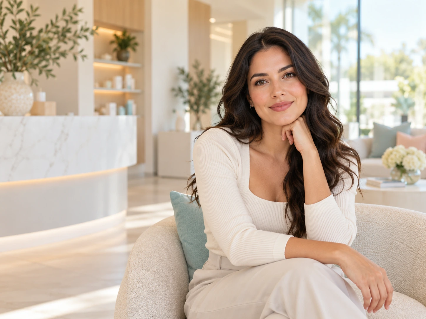 Medical spa software hero image showing a woman in a bright modern aesthetics practice