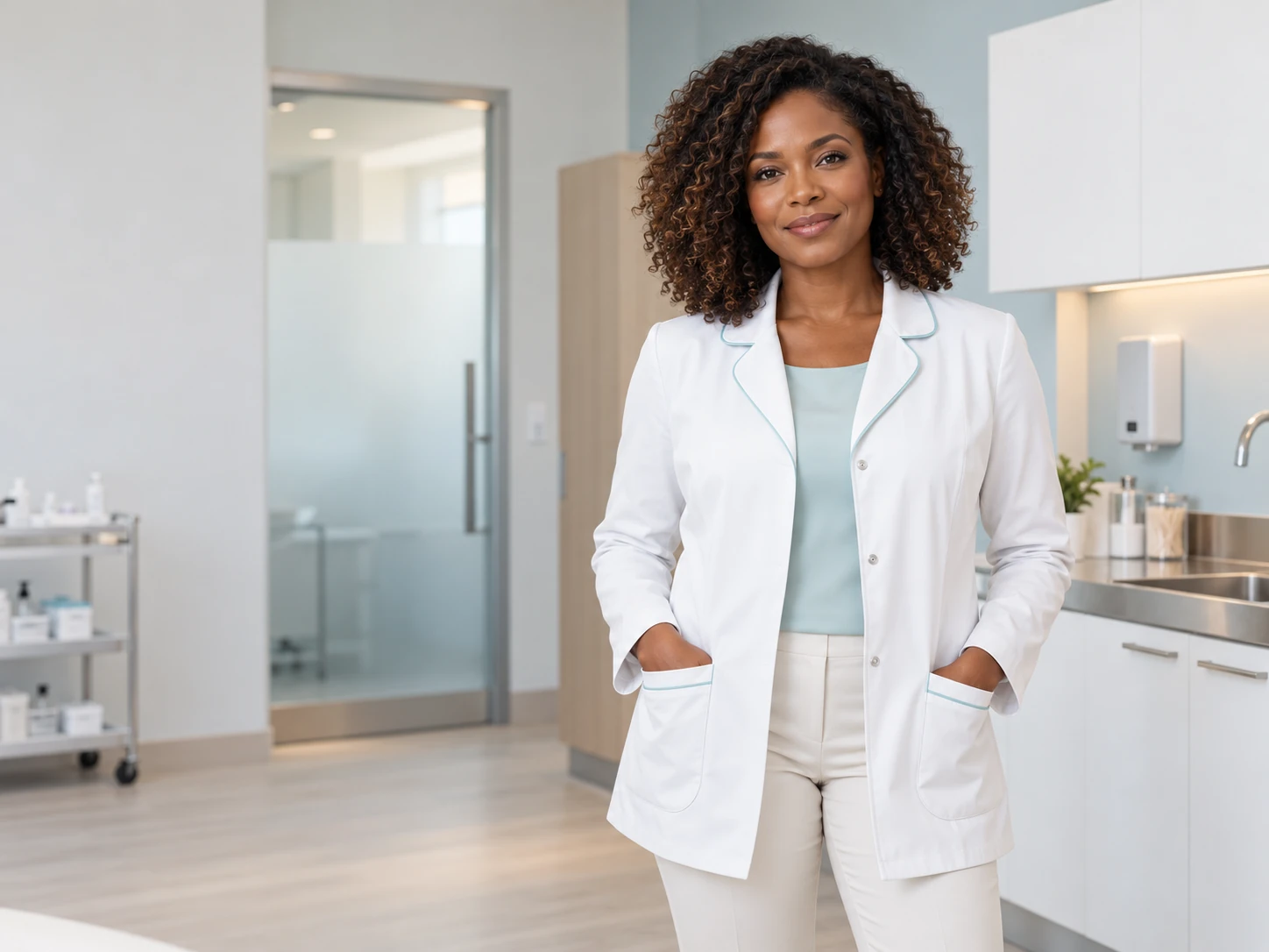 Medical spa software hero image showing a woman in a bright modern aesthetics practice