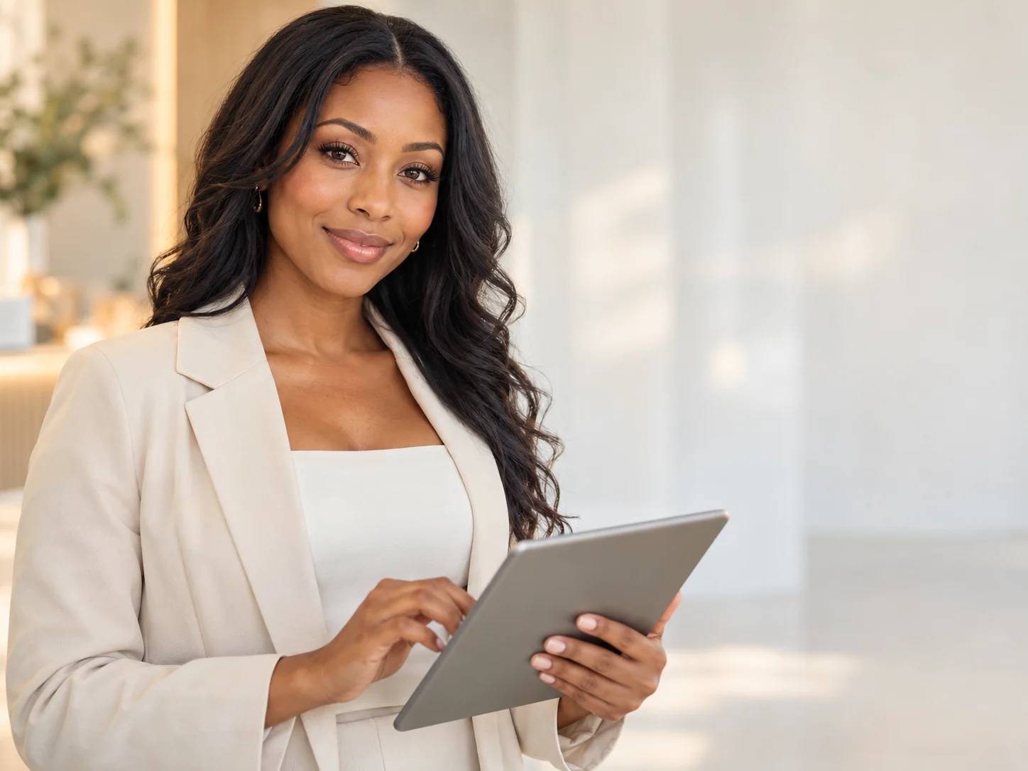 Provider holding a tablet beside an appointment schedule preview in AestheticsPro medical spa software