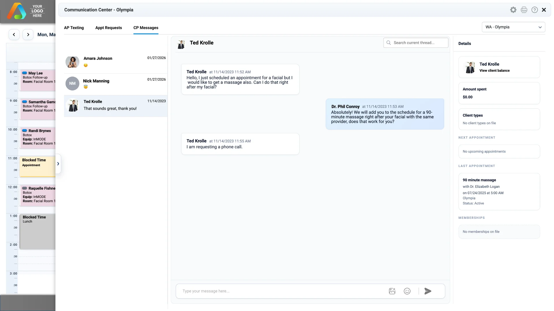Real-time client and provider messaging in spa management software