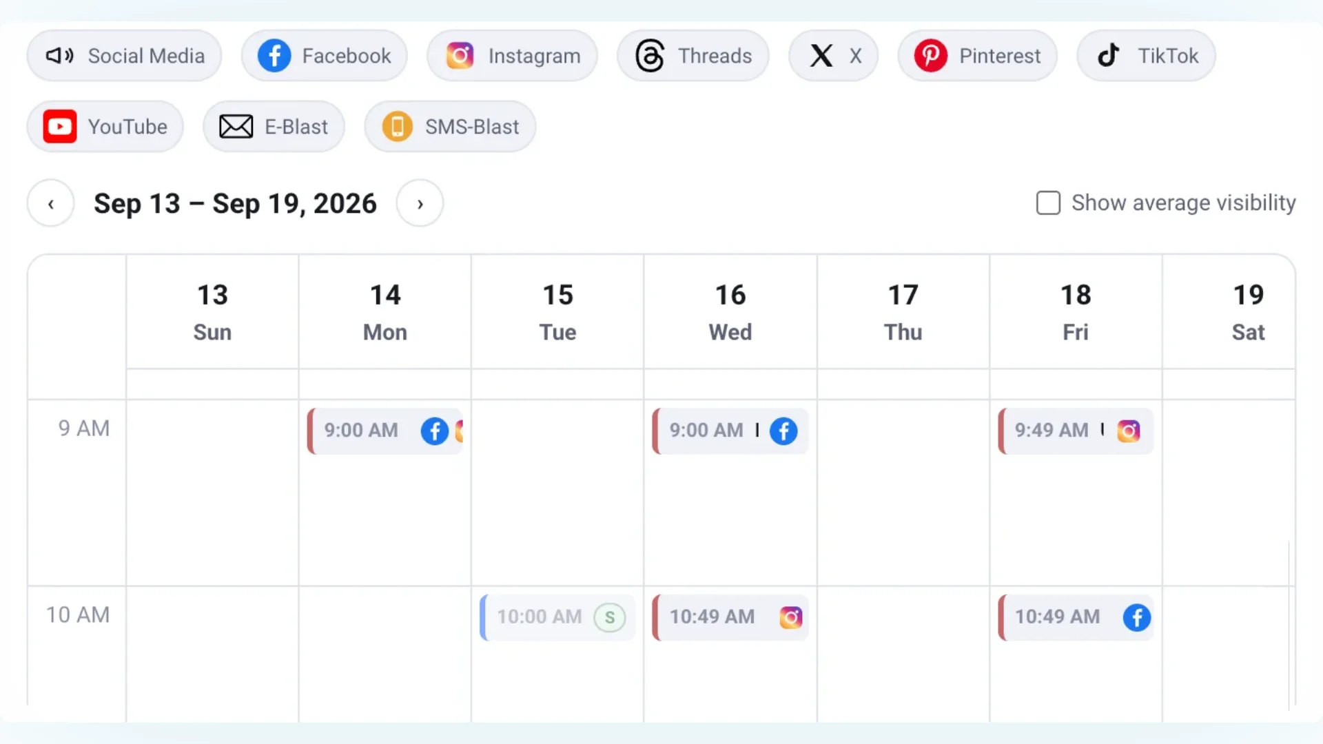 AP Marketing Suite calendar showing scheduled marketing content across social, email, SMS, and automated outreach.