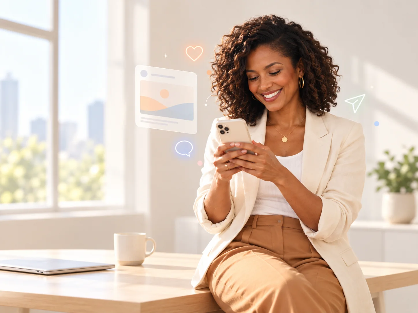 Professional woman using her phone to manage social marketing in a bright modern medical aesthetics workspace.