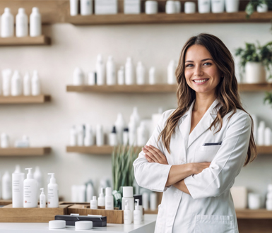 Medspa employee standing with retail products.