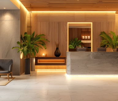 Tranquil medical spa reception and waiting area with warm lighting and modern furniture and plants