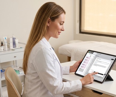 Medspa provider using AI-powered medical spa software to generate clinical notes on a tablet in a bright modern treatment room