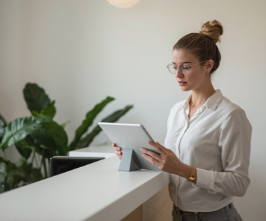 Med spa practice manager reviewing provider schedules and team workflows on a tablet as the medical spa management team grows