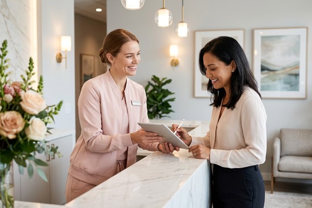 Medspa manager reviewing spa management software dashboard on a tablet at a modern front desk