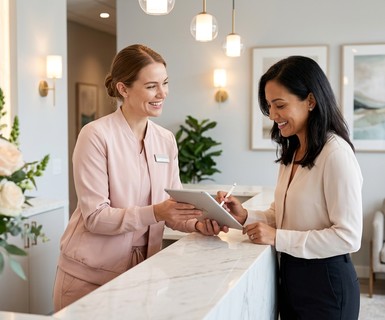 Medspa manager reviewing spa management software dashboard on a tablet at a modern front desk