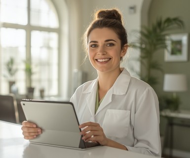 Smiling medical spa front desk coordinator using a tablet, showing how easy good medi spa software makes the day