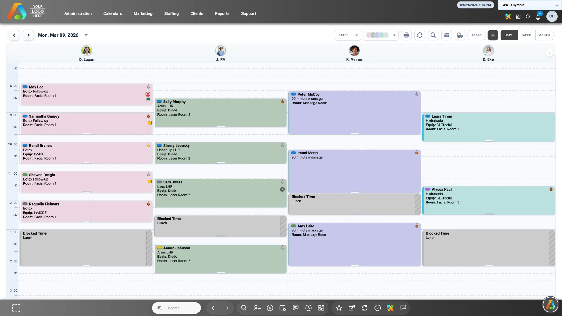 Medical spa software calendar showing staff scheduling and appointment management