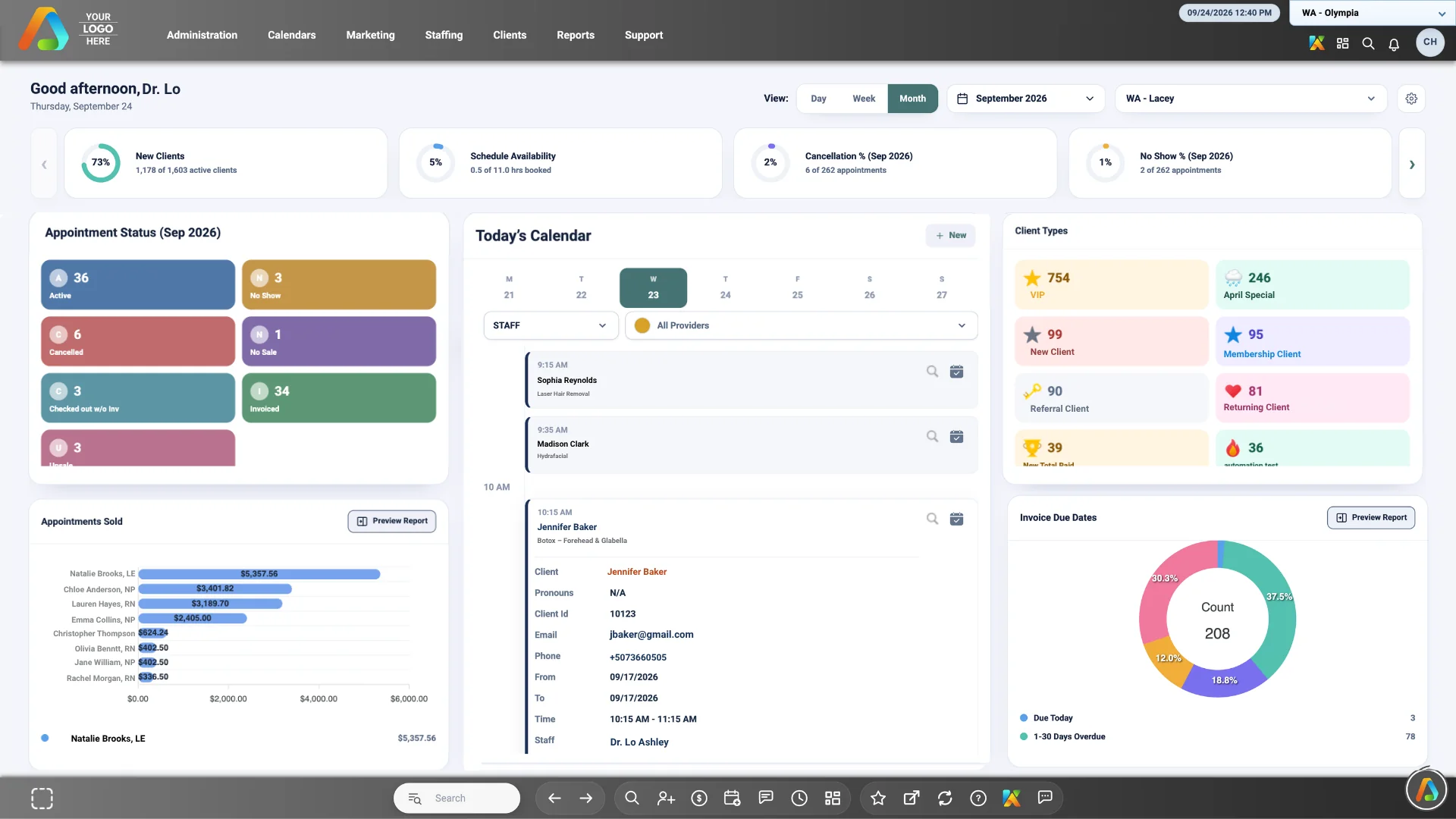 AestheticsPro dashboard overview showing business metrics and management widgets