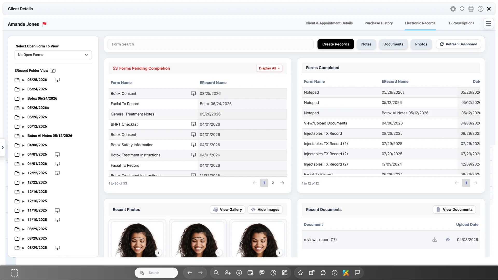 E-record dashboard with client forms and photos in medical spa software
